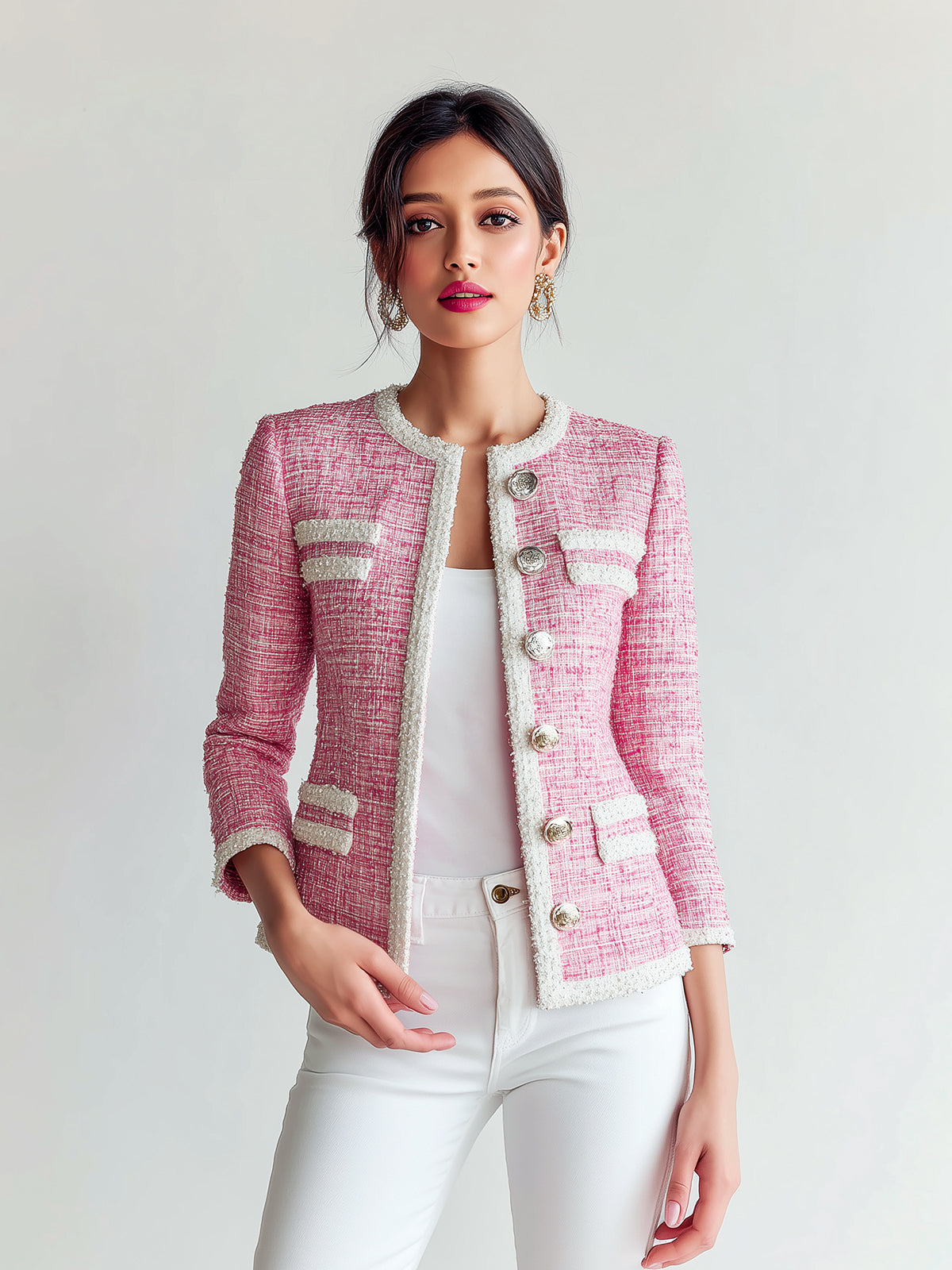Taidalw Chic Vintage Pink Tweed Round Neck Single-Breasted Contrast Trim Details Fitted Jacket