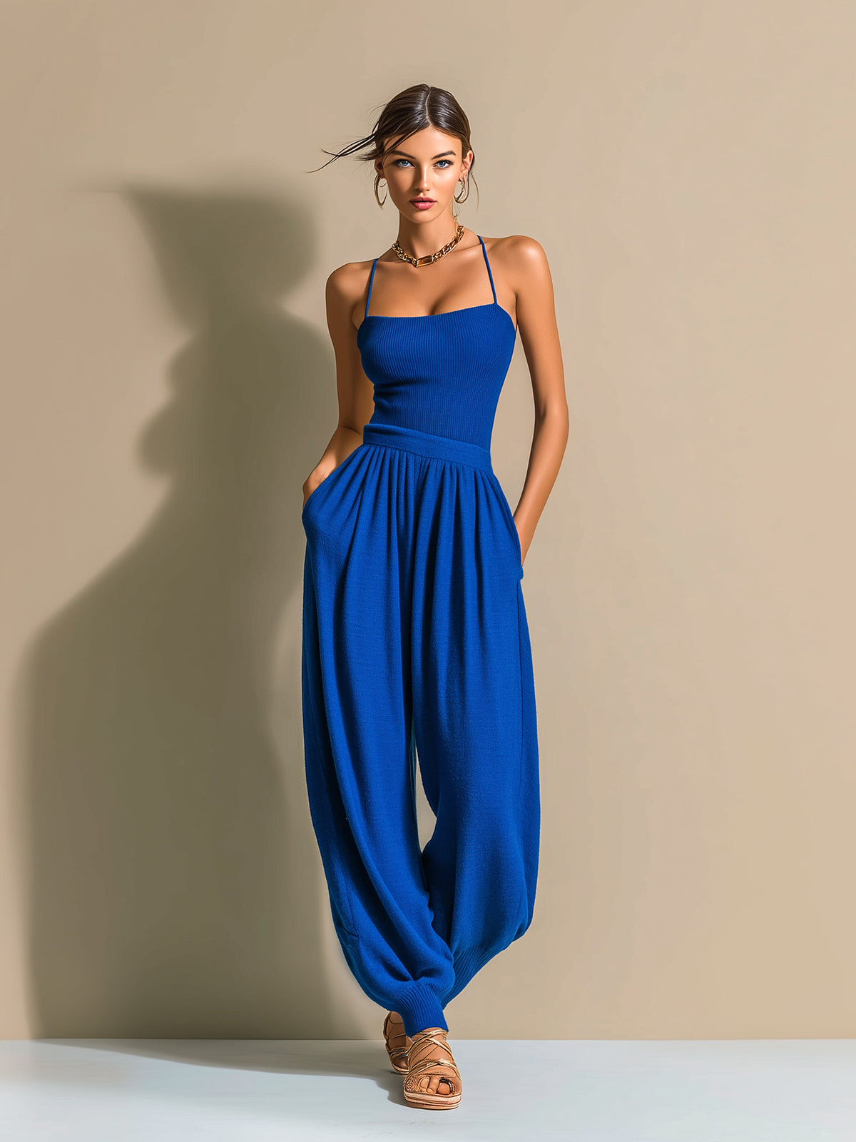 Taidalw Chic Elegant Royal Blue Sleeveless Thin Straps Slim-Fit Camisole Loose Lantern Pants Knit Two-Piece Set