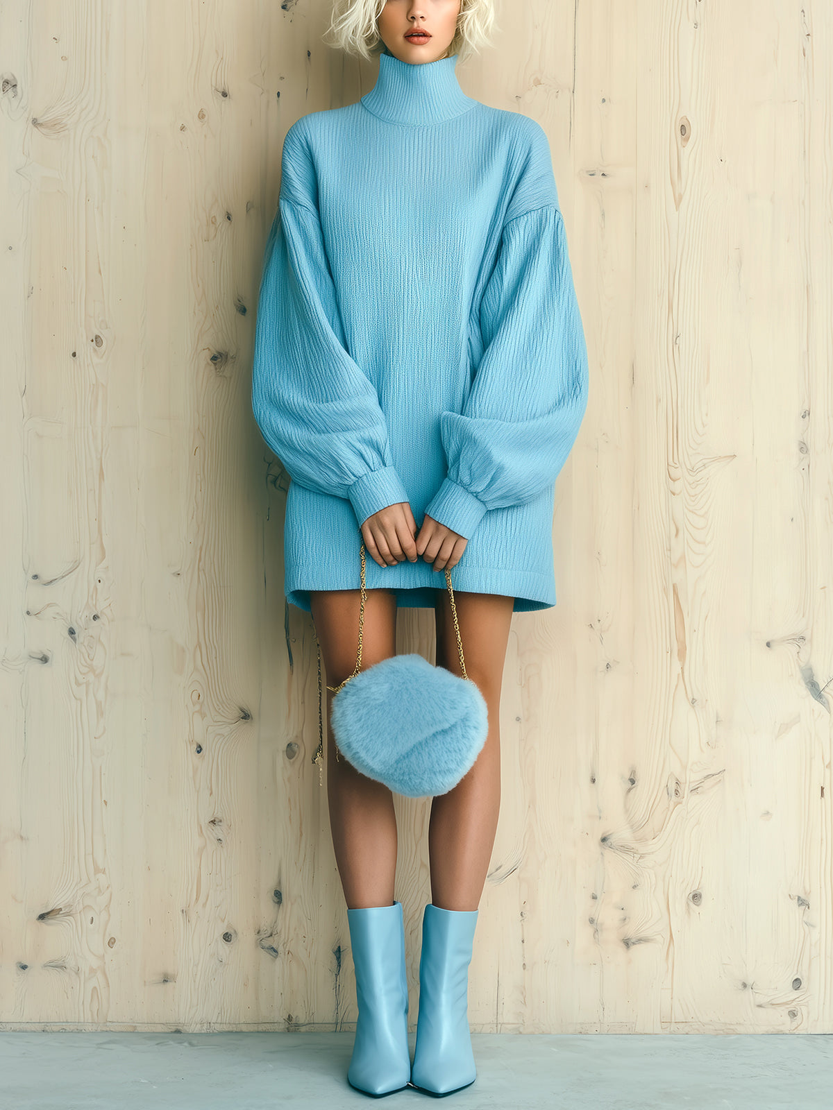 Taidalw Chic Casual Baby Blue Pleated Textured Cotton Blend Turtleneck Lantern Sleeve Oversized Mini Dress