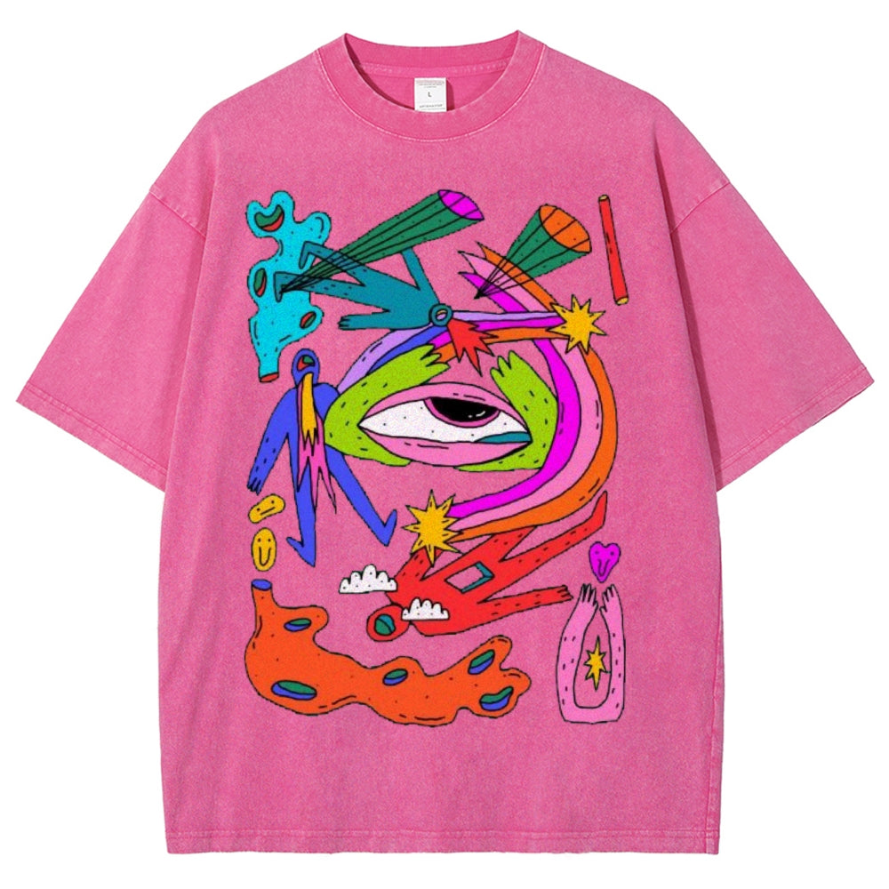 Unisex Abstract Art Eyes Printed Washed Tee