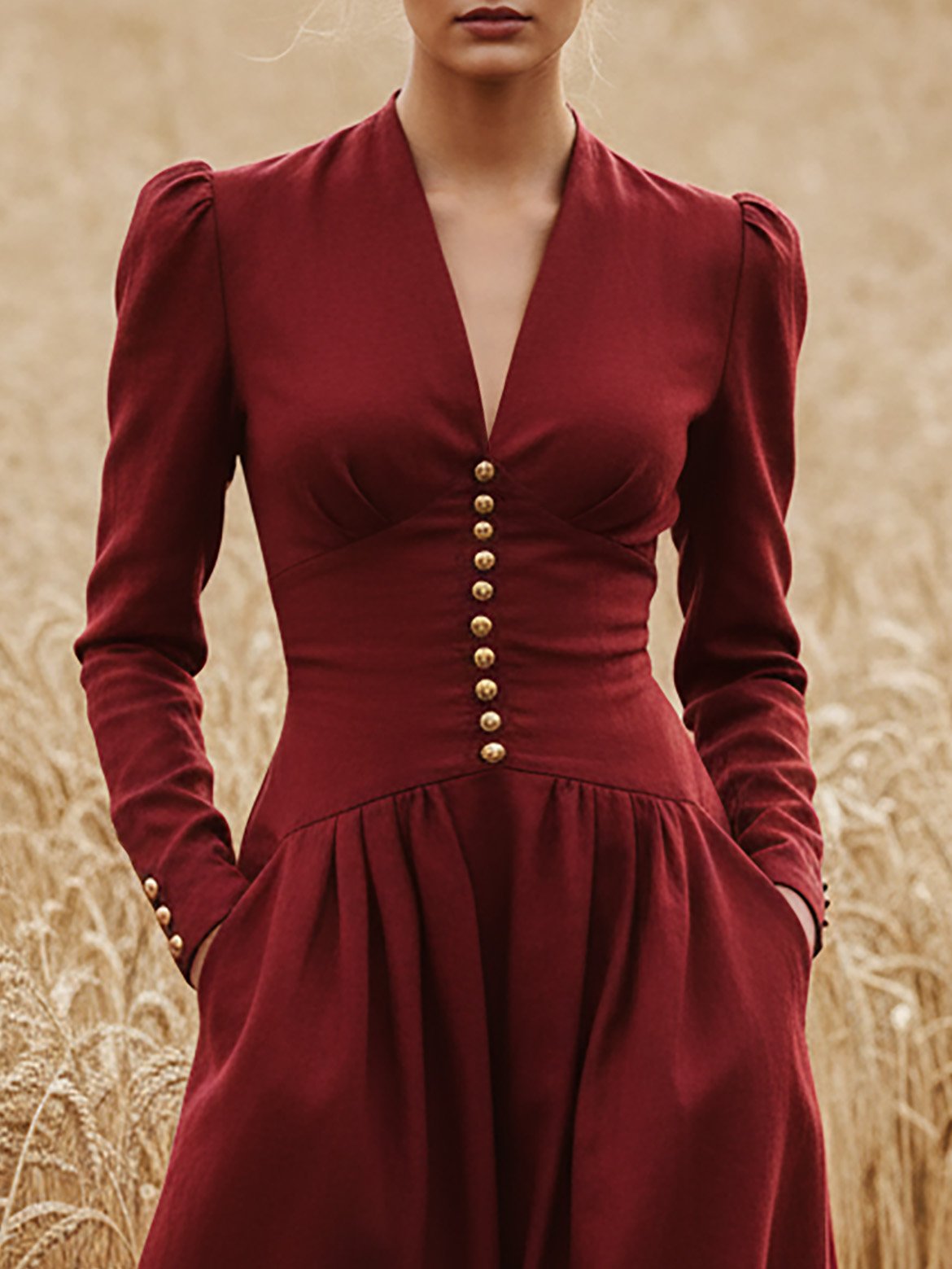 Maxi Linen Dress, Long Sleeves, V Neck, Plain, Button Design, Vintage, Deep Red