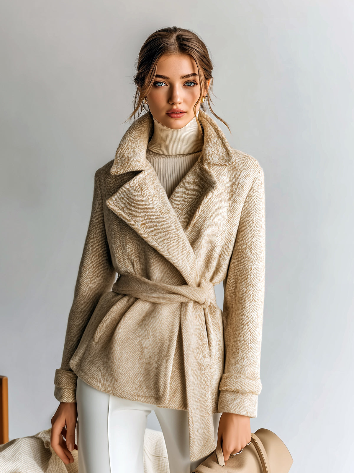 Taidalw Chic Vintage Khaki Herringbone Wool Blend Shawl Lapel Belted Short Jacket