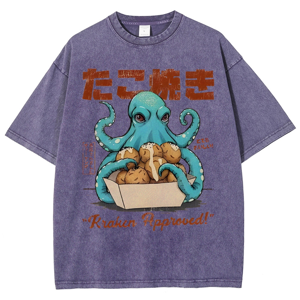 Unisex Japanese Octopus Printed Washed Tee