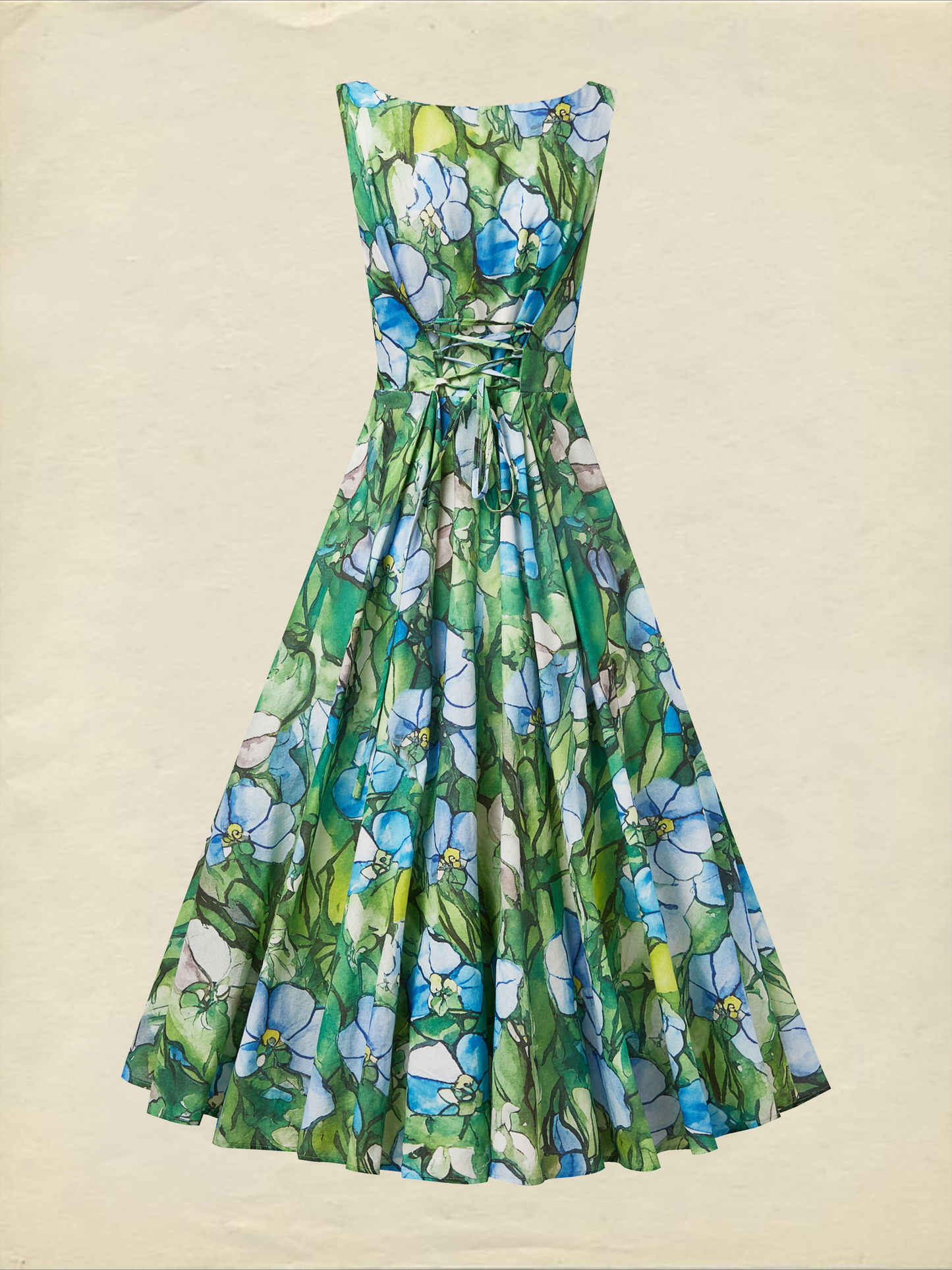 Maxi Linen Dress , Sleeveless, Square Neck, Floral, Church Glass, Vacation, Vintage, Green