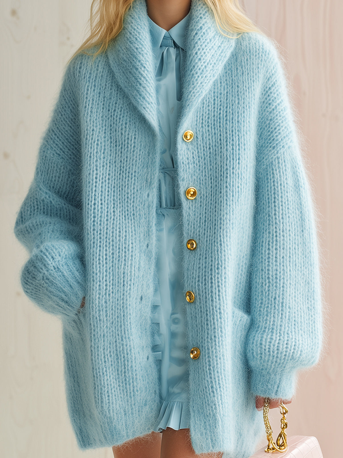 Taidalw Chic Vintage Light Blue Shawl Collar Single-Breasted Long Sleeve Loose-Fit Fuzzy Knit Mid-Length Cardigan