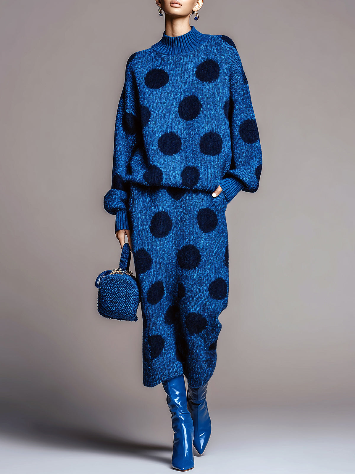 Taidalw Chic Contrast Polka Dot Mock Neck Long Sleeve Top Midi Skirt Knit Two-Piece Set