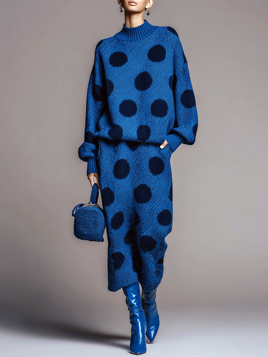Taidalw Chic Contrast Polka Dot Mock Neck Long Sleeve Top Midi Skirt Knit Two-Piece Set
