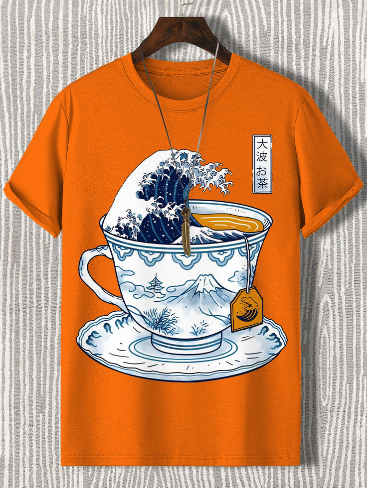 100% Cotton Wave Art In A Teacup Japanese Art Print  Casual T-Shirt
