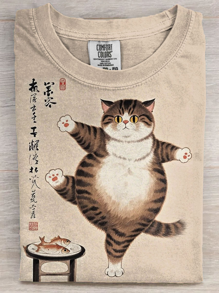 Cute Fat Cat Art Print Casaul Short Sleeve T-shirt