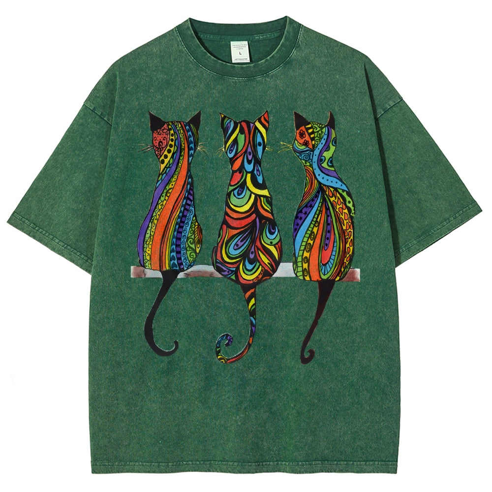 Unisex Colorful Geometric Cat Printed Washed Tee