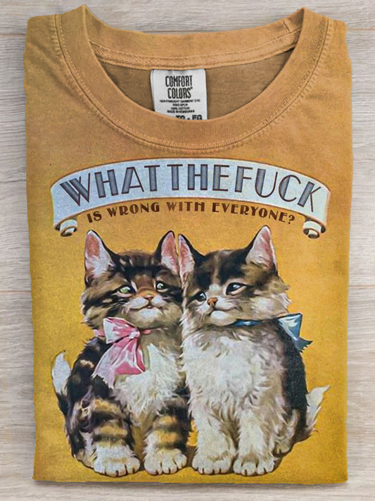 Vintage Funny Cat Art Print Casual Short Sleeve T-shirt