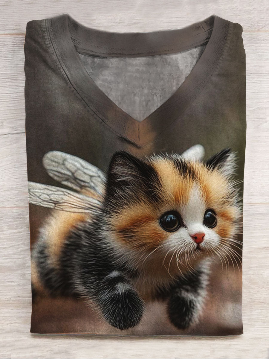 Funny Cat Print V-neck Casual T-Shirt