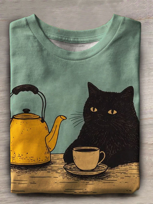 Funny Cat Print Casual Short Sleeve Top