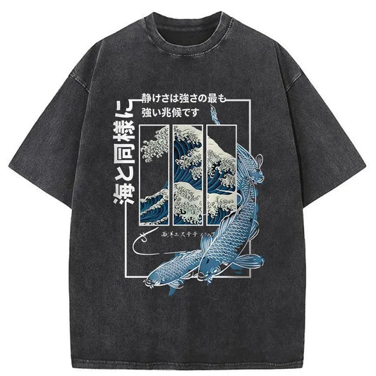 Ukiyoe Waves And Fish Washed Vintage T-Shirt