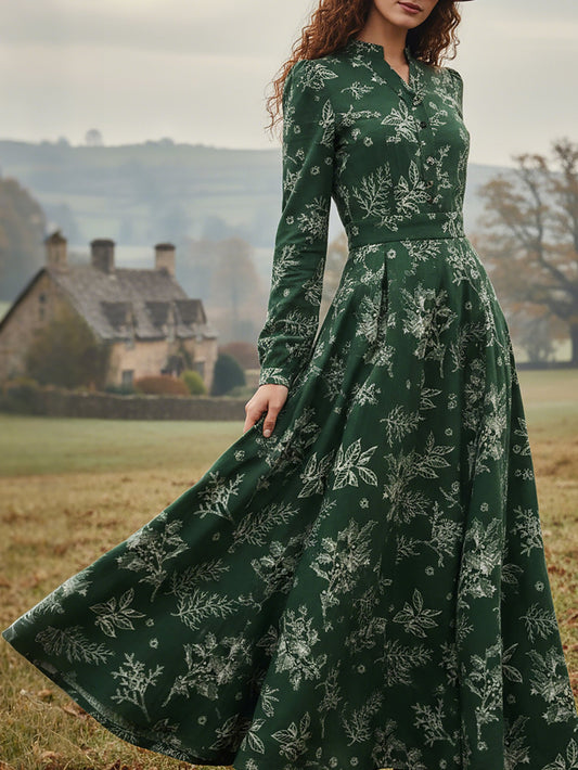 Maxi Linen Dress, Long Sleeves, V Neck, Floral, Button Design, Vintage, Dark Green