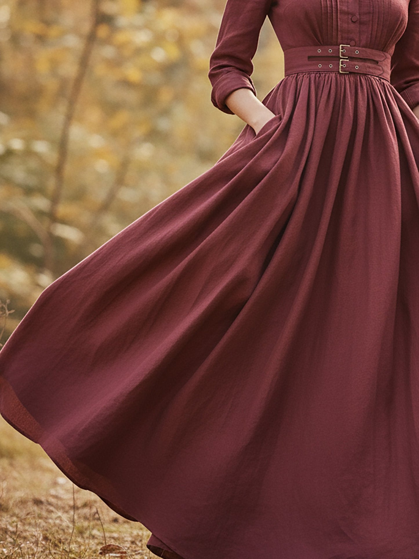 Maxi Linen Dress, Long Sleeves, Stand Collar, Plain, Button Design, Vintage, Red