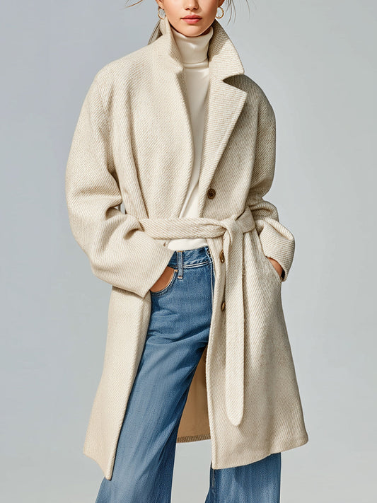 Taidalw Chic Vintage Cream White Twill Wool Blend Notched Collar Single-Breasted Belted Oversized Mid-Length Coat