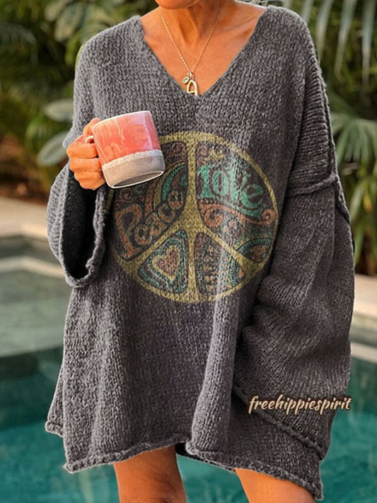 Women's Hippie Art Print Casual Pullover Sweater