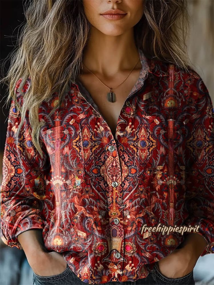 Women's Vintage Ethnic Pattern Art Print Casual Long Sleeve Comfortable Cotton Shirt