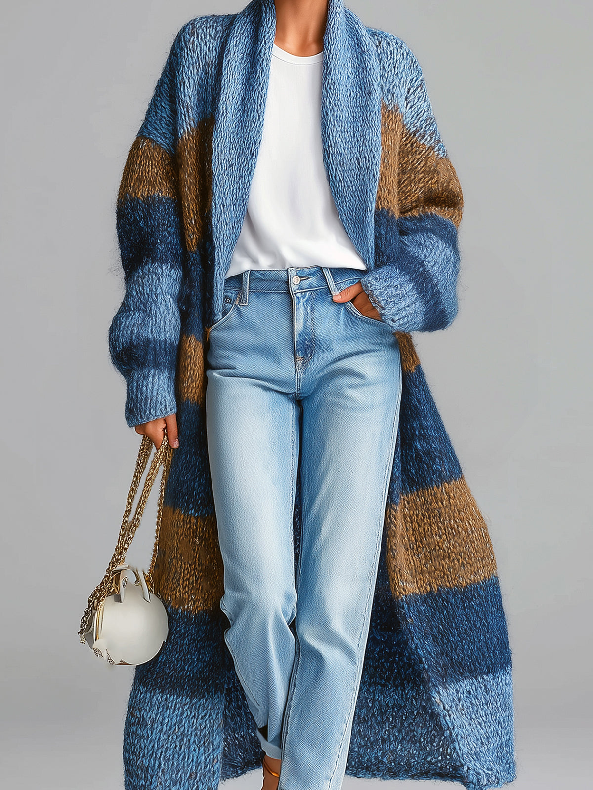 Taidalw Chic Blue-Brown Striped Shawl Lapel Maxi-Length Slouchy Textured Knit Cardigan