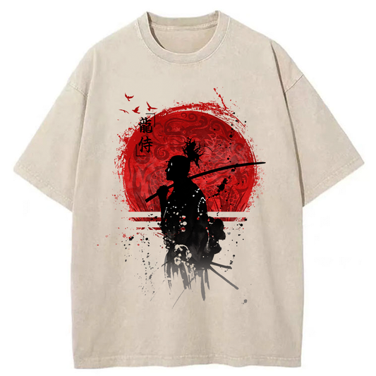 Japanese Blood Moon Samurai Washed T-Shirt