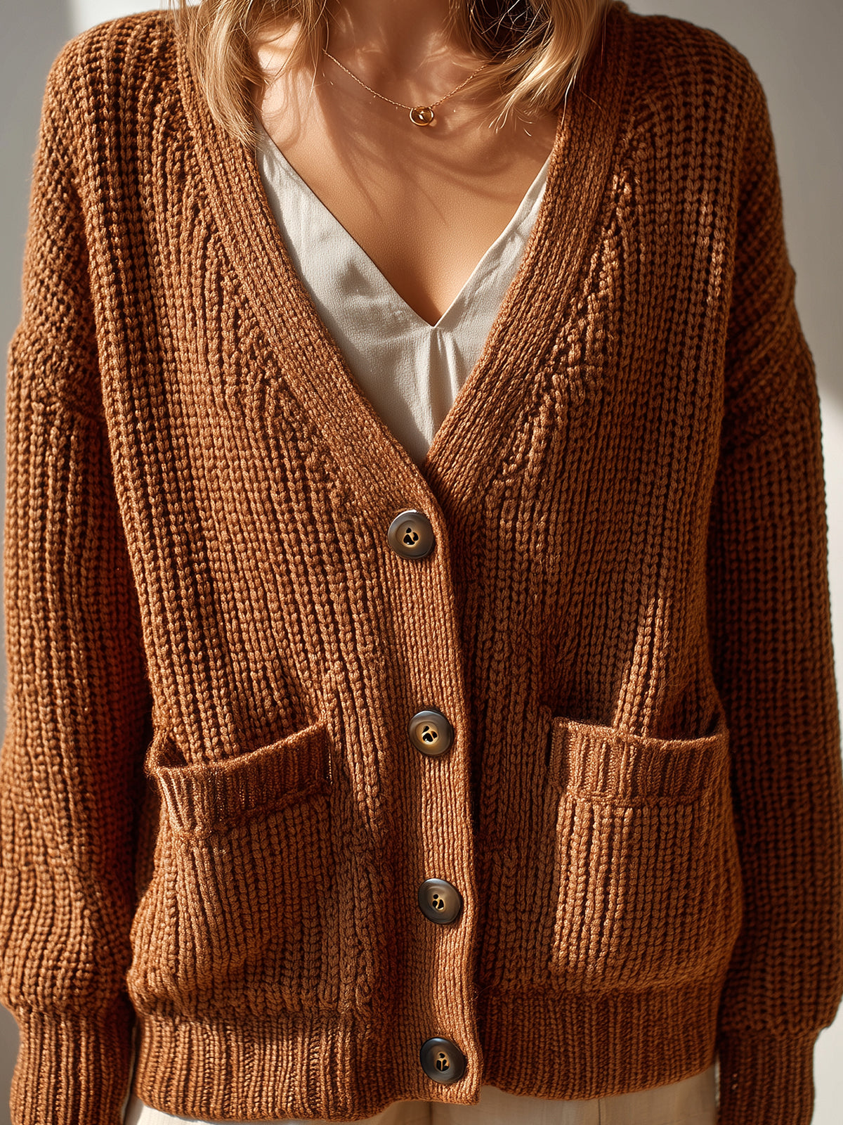 Taidalw Chic Vintage Brown V-Neck Single-breasted Patch Pocket Slouchy Textured Knit Cardigan
