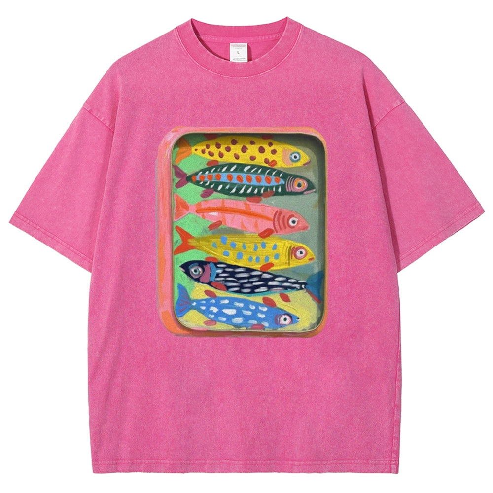 Unisex Canned Sardines Printed Casual Washed T-shirt