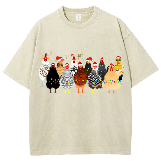 Unisex Christmas Chicken Printed Washed Tee