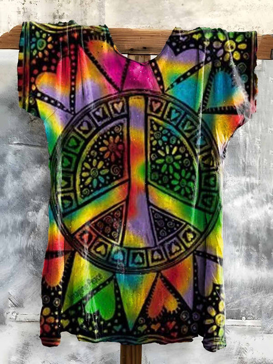 Women's Tie-Dye Hippie Peace Prints Cotton Crew Neck Tee