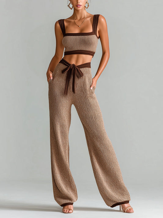 Taidalw Chic Elegant Brown-Coffee Contrast Trim Slim-Fit Cropped Tank Top And Drawstring Waist Wide-Leg Pants Knit Two-Piece Set