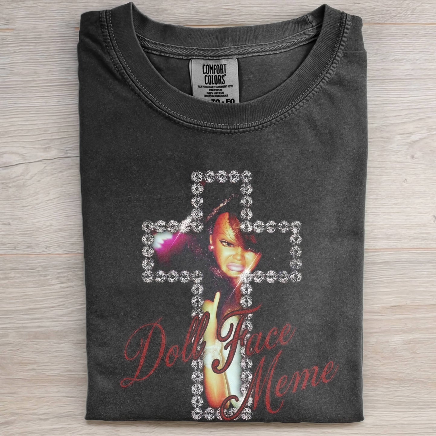DOLL FACE MEME Y2K BLING CROSS TEE