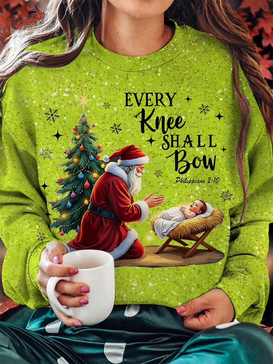 Every Knee Shall Bow Vintage Christmas Print Casual  Sweatshirt