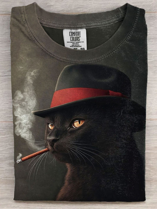 Smoking Black Cat Art Print Casaul Short Sleeve T-shirt