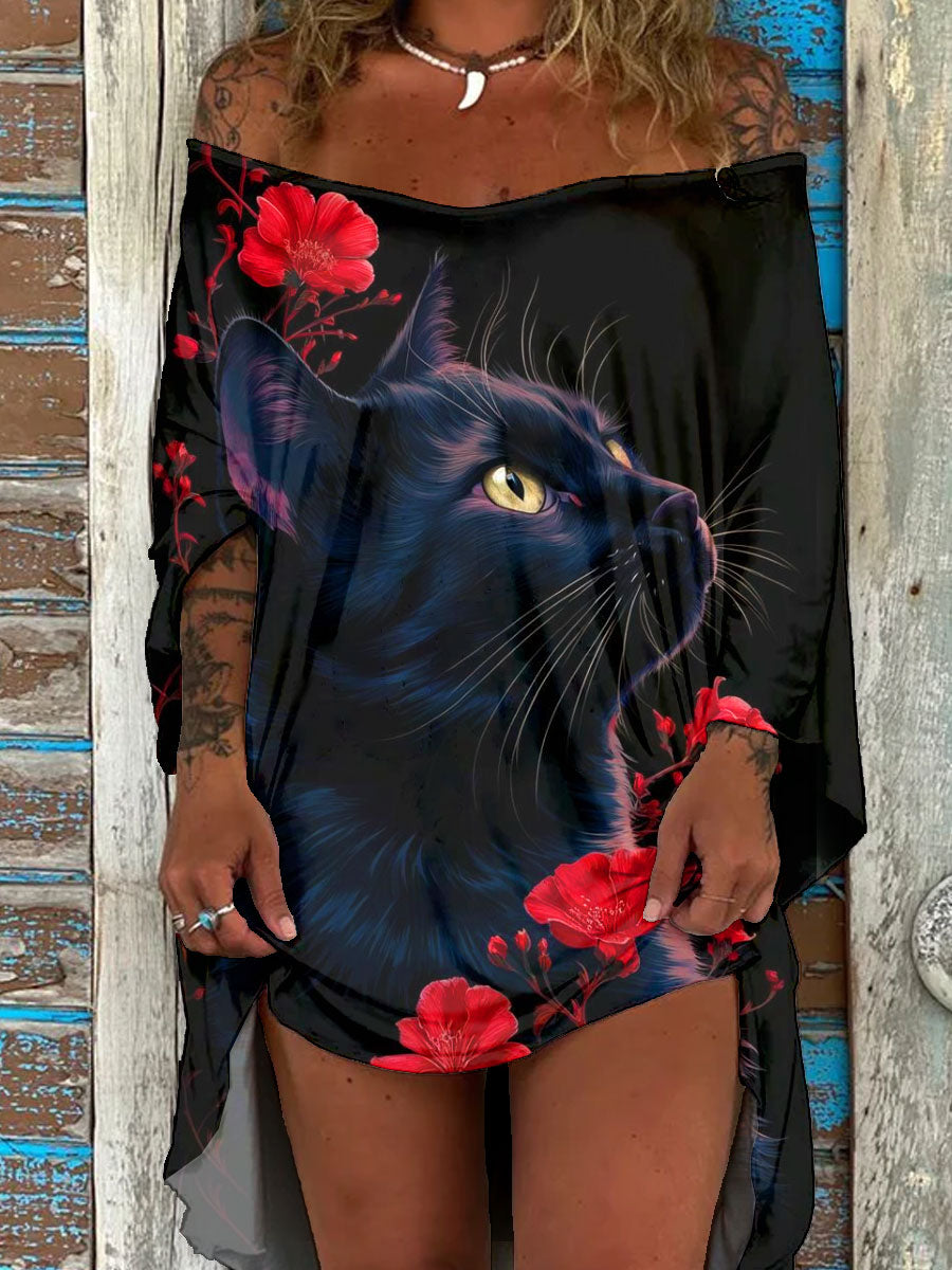 Women's Black Cat Art Print Casual Coverup Casual Boat Neck Dolman Sleeve Caftan Dress