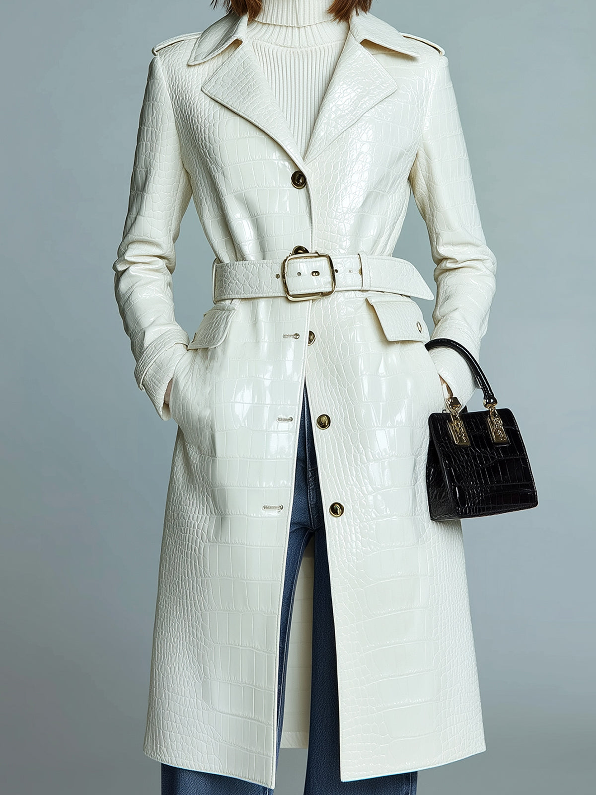 Taidalw Chic Vintage Cream White Crocodile Embossed Faux Leather Lapel Single-Breasted Belted Midi Trench Coat