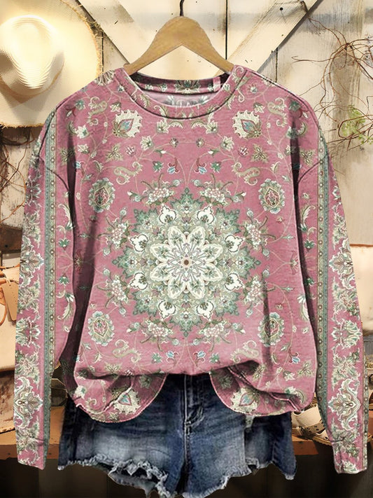 Women's Retro Ethnic Style Print Casual Crew Neck Sweatshirt