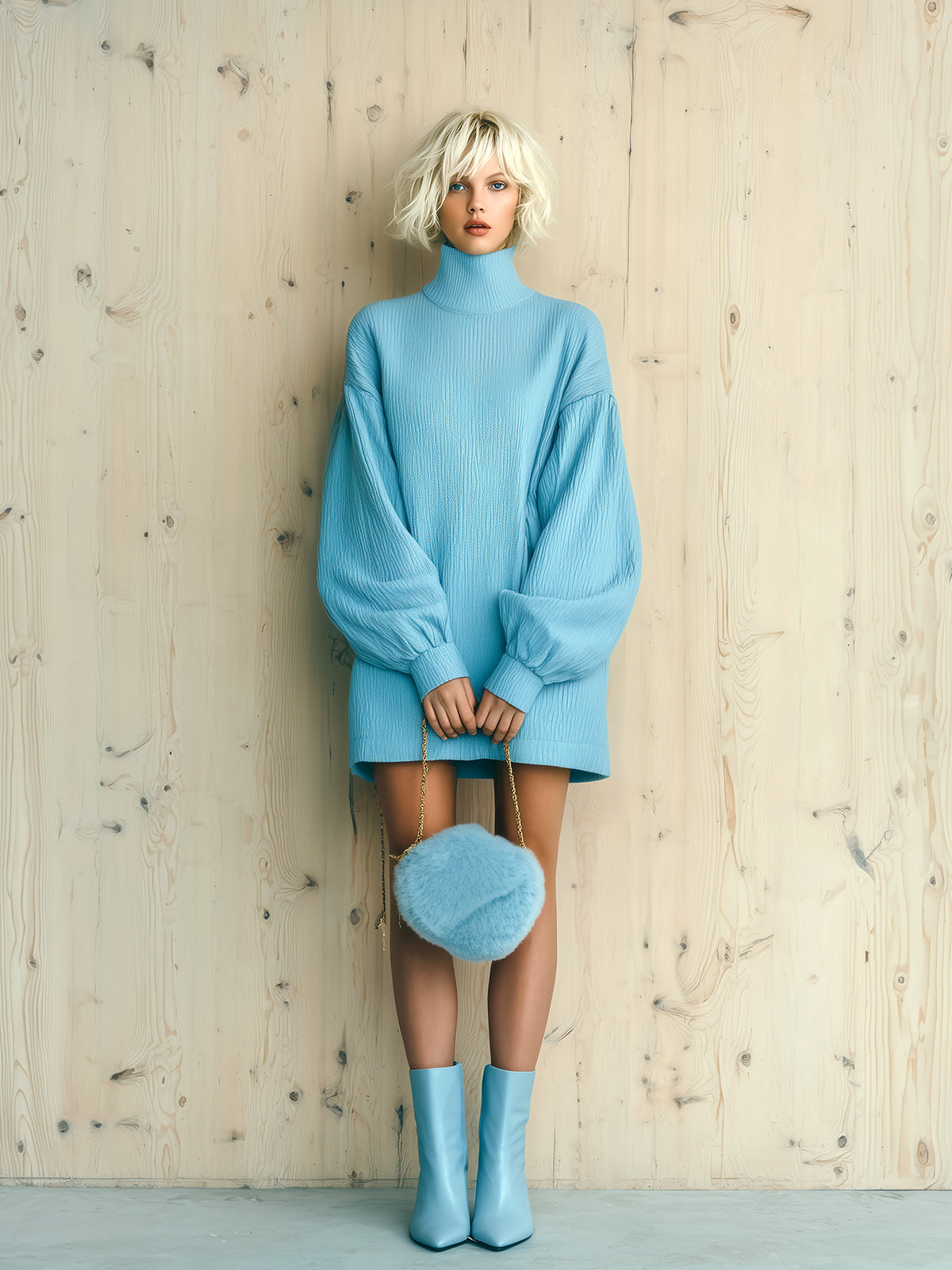 Taidalw Chic Casual Baby Blue Pleated Textured Cotton Blend Turtleneck Lantern Sleeve Oversized Mini Dress