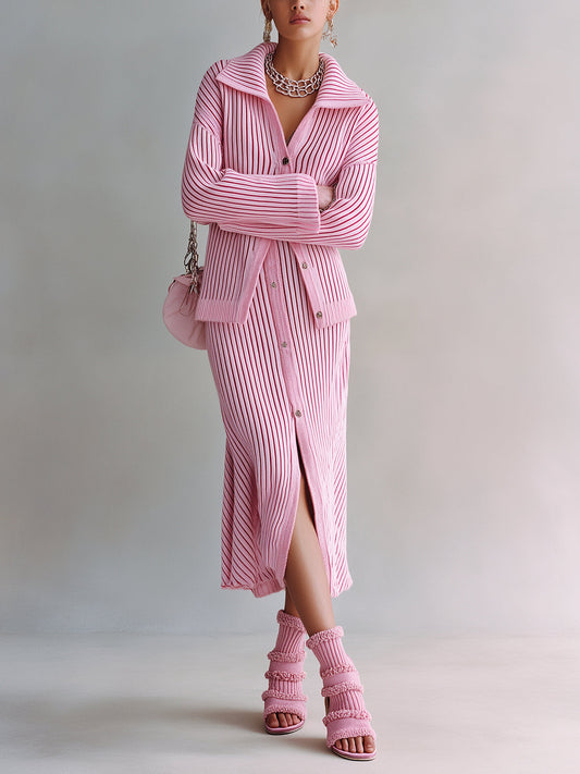 Taidalw Chic Elegant Pink Lapel Collar Long Sleeve Single-Breasted Loose-Fit Cardigan Bodycon Midi Skirt Ribbed Knit Two-Piece Set