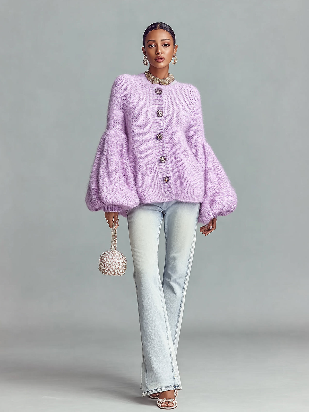 Taidalw Chic Vintage Lavender Crew Neck Button Details Oversized Bell Sleeve Fuzzy Knit Cardigan