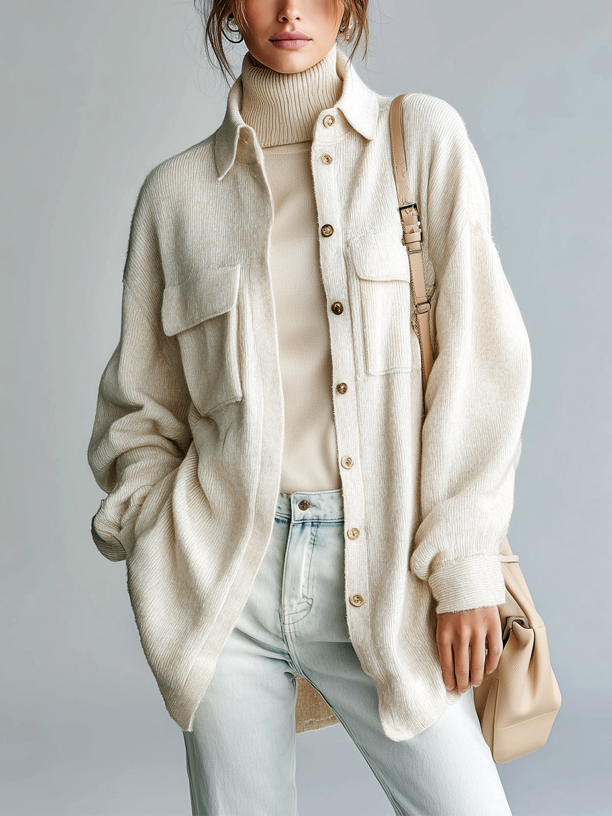 Taidalw Chic Vintage Cream White Lapel Single-Breasted Utility Pocket Oversized Knit Shirt Cardigan