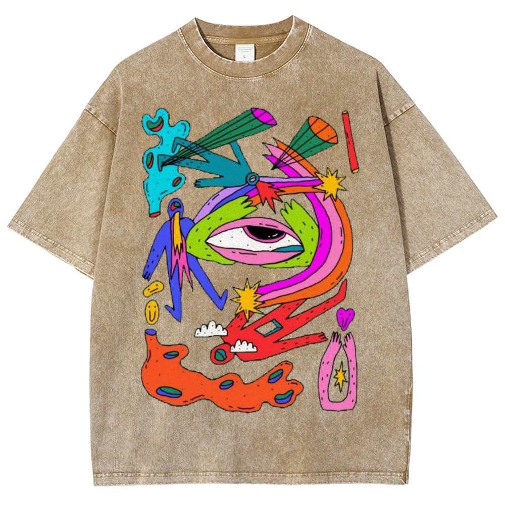 Unisex Abstract Art Eyes Printed Washed Tee