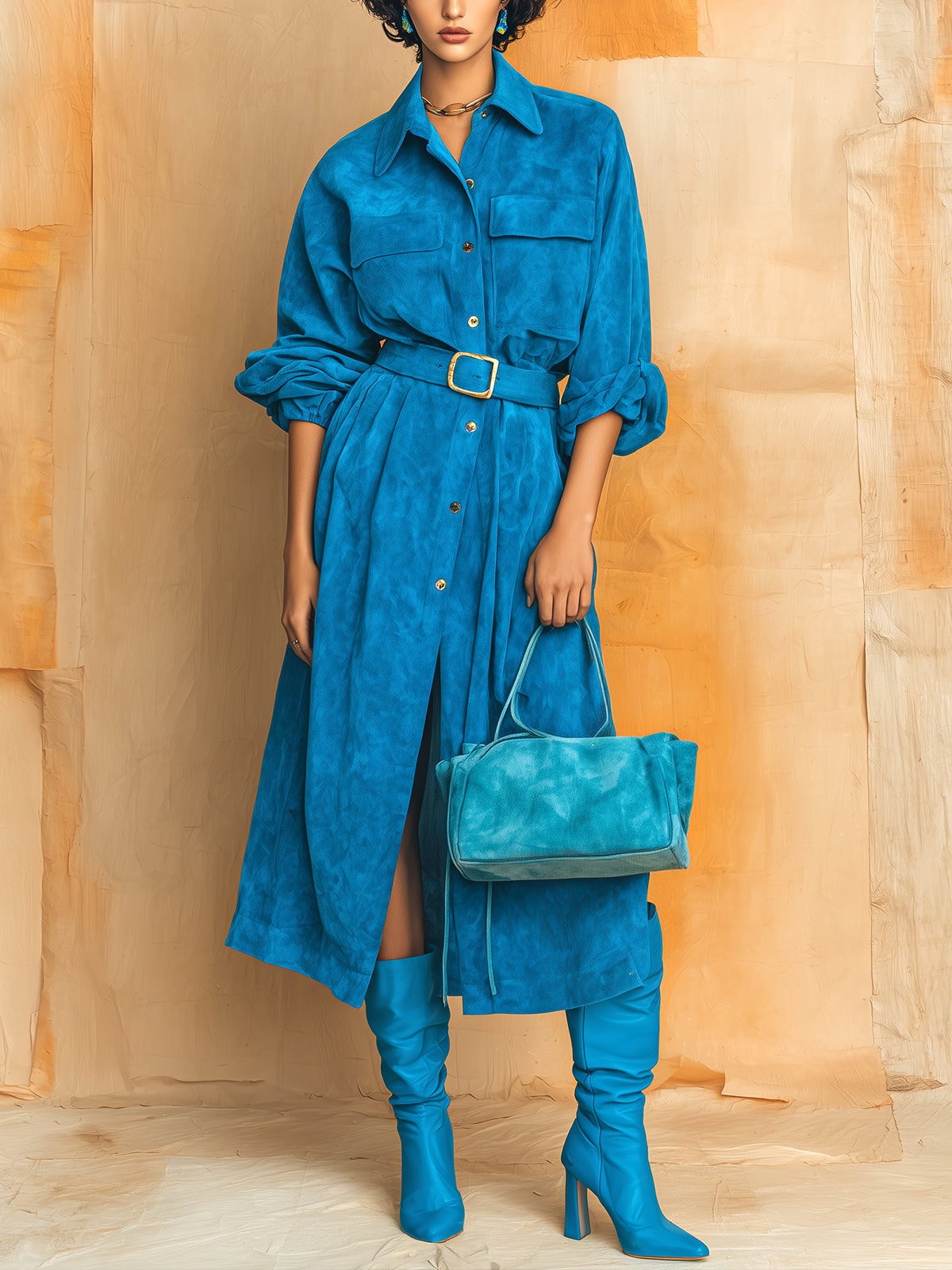 Taidalw Chic Vintage Royal Blue Faux Suede Lapel Single-Breasted Long Sleeve Oversized Belted Maxi Dress