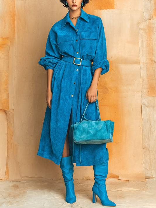 Taidalw Chic Vintage Royal Blue Faux Suede Lapel Single-Breasted Long Sleeve Oversized Belted Maxi Dress