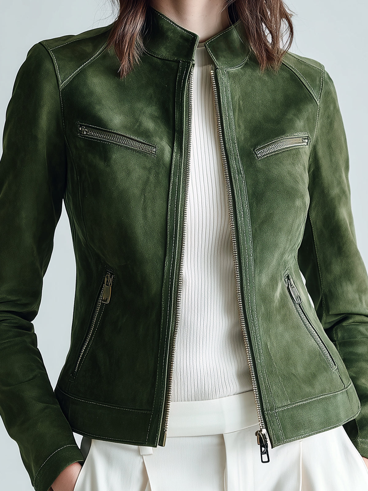 Taidalw Chic Vintage Olive Green Faux Suede Stand-Collar Zipper Slim-Fit Cropped Biker Jacket