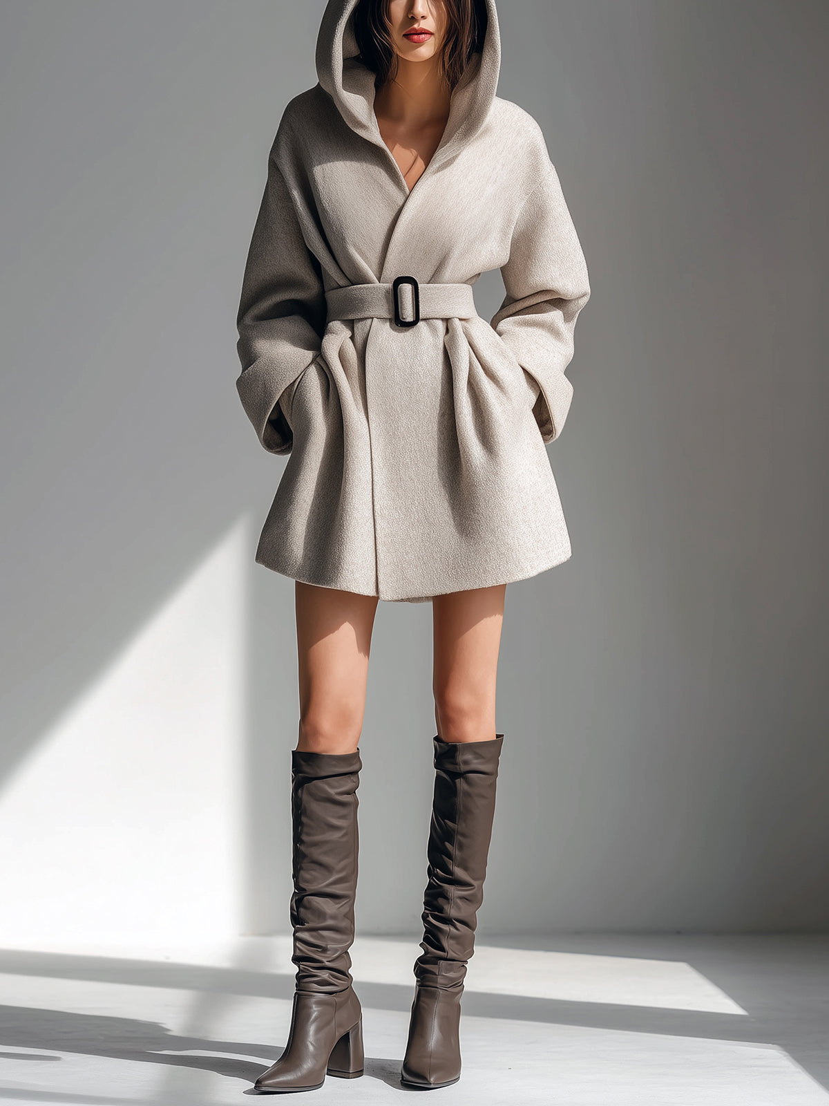 Taidalw Chic Vintage Beige Gray Wool Blend Hooded Belted Slouchy Short Coat