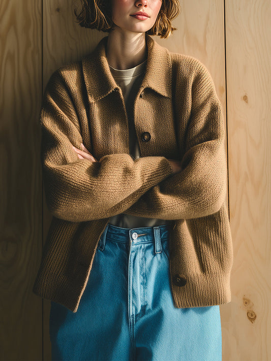 Taidalw Chic Vintage Camel Lapel Single-Breasted Long Sleeve Oversized Knit Cardigan