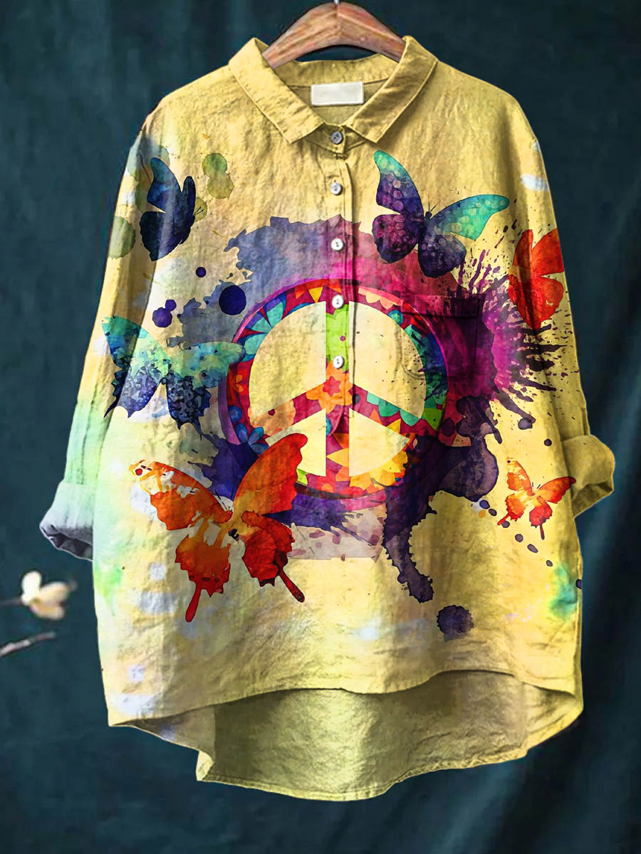 Peace And Love Butterfly Art Pattern Print Casual Cotton And Linen Shirt