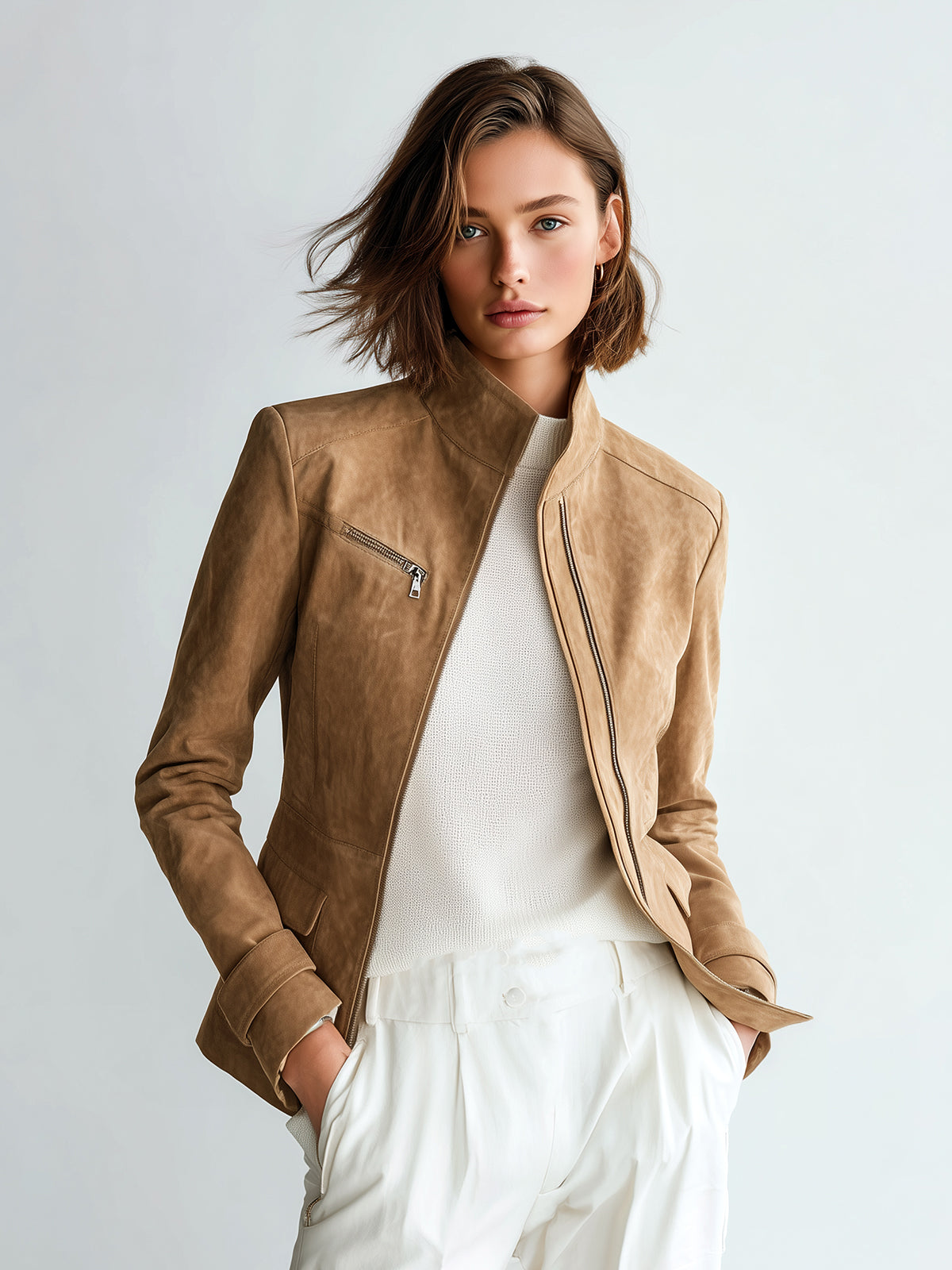 Taidalw Chic Casual Camel Faux Suede Stand Collar Zipper-Front Slim-Fit Jacket