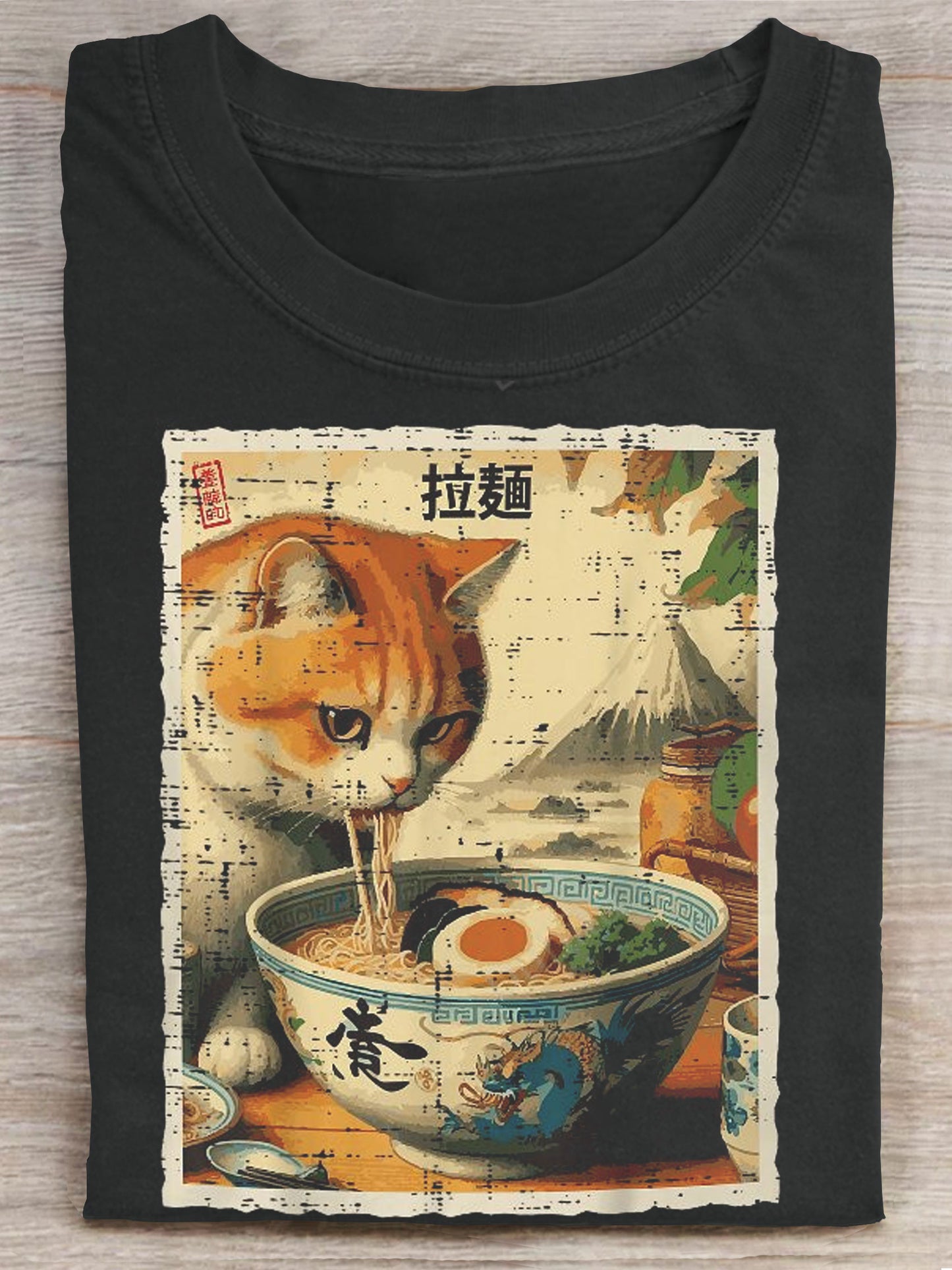 Cat Eating Ramen Vintage Art Print Casaul Short Sleeve T-shirt