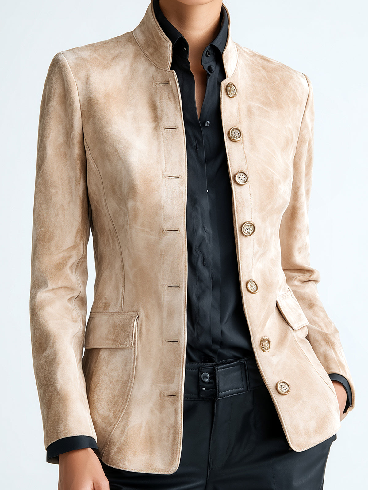 Taidalw Chic Vintage Beige Faux Suede Stand Collar Single-breasted Slim-Fit Sophisticated Blazer
